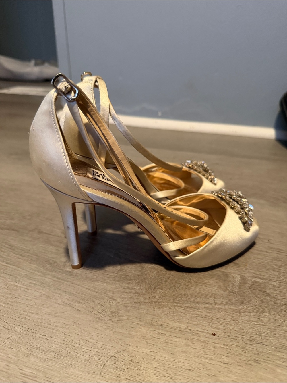 Badgley Mischka Gold Crystal-Embellished Strappy Evening Heels - Picture 2 of 5